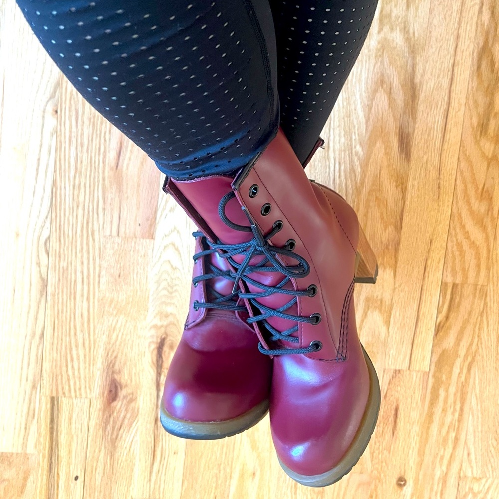 Dr Martens DArcie Cherry Red Leather High Heel Lace up Booties 6